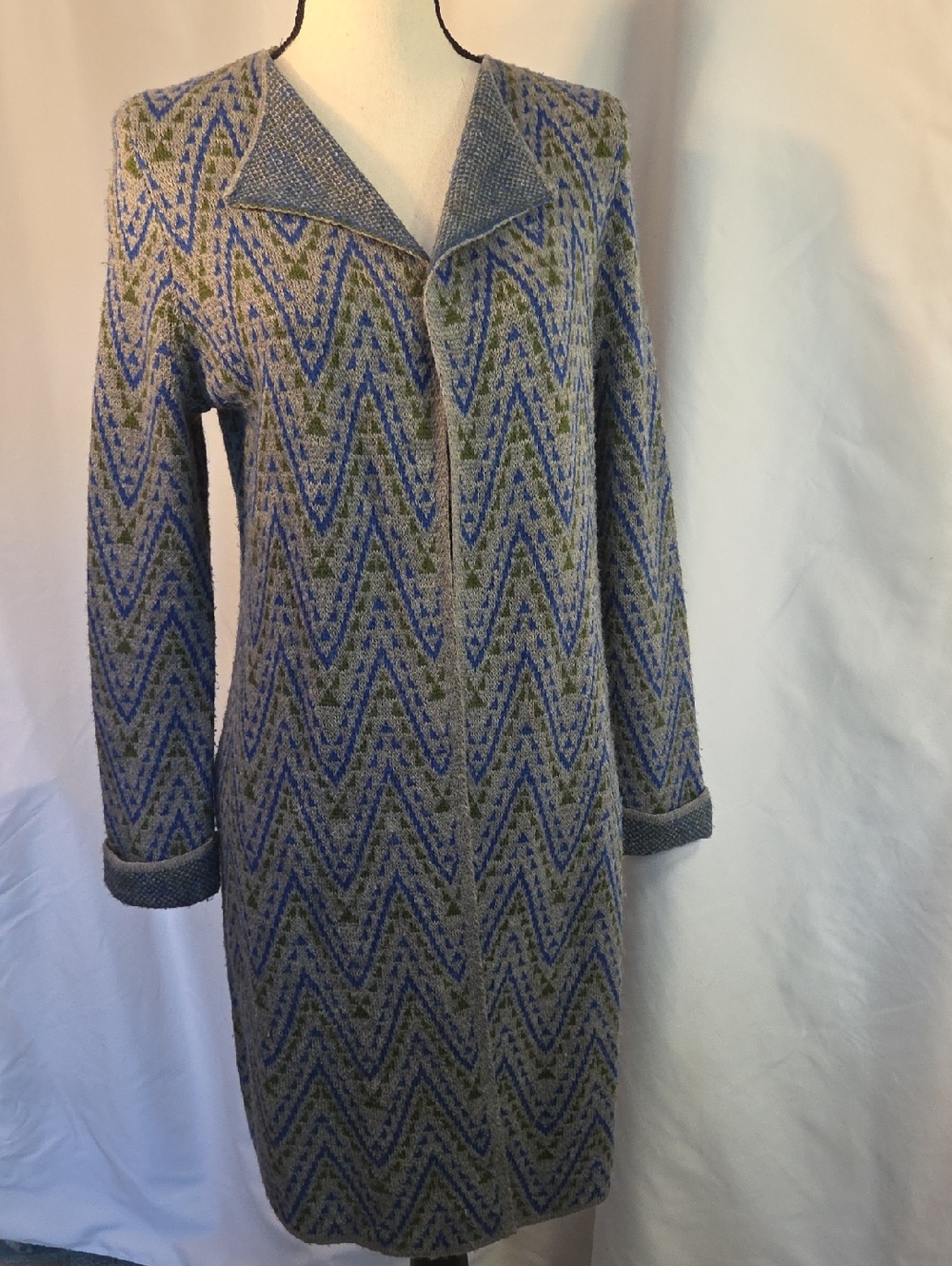 Hannah Gray Sweater Cardigan with Blue and Olive Chevron Pattern